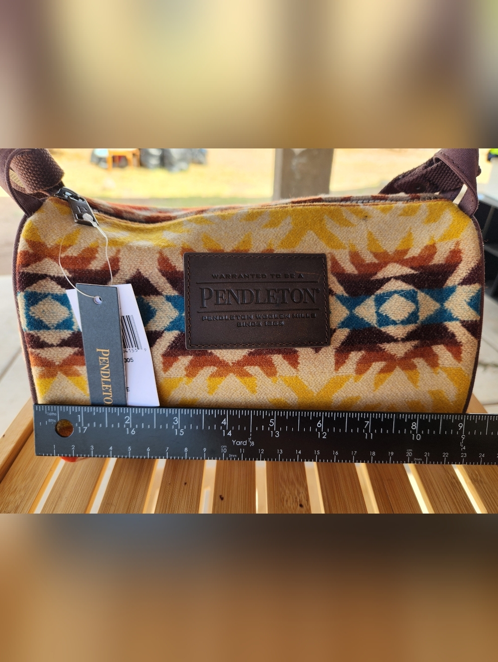 Pendleton Leather-Trim Wool Blanket - Multi-Color Aztec Western Style. - Picture 2 of 9